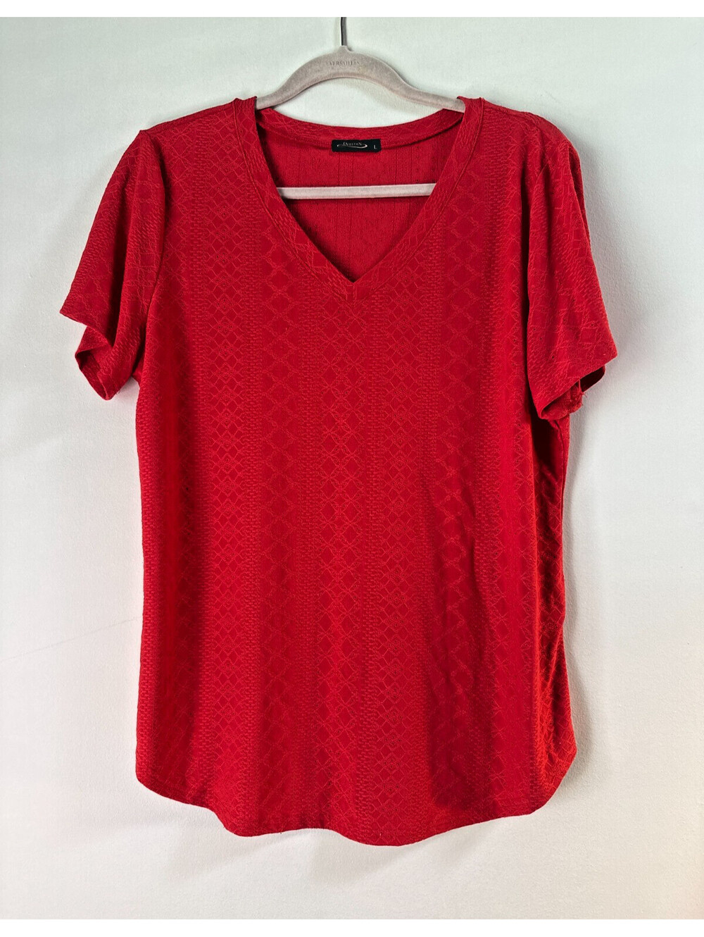 Ofeefan Womens Textured V Neck Short Sleeve Top Red Size L Casual Stretch Tee